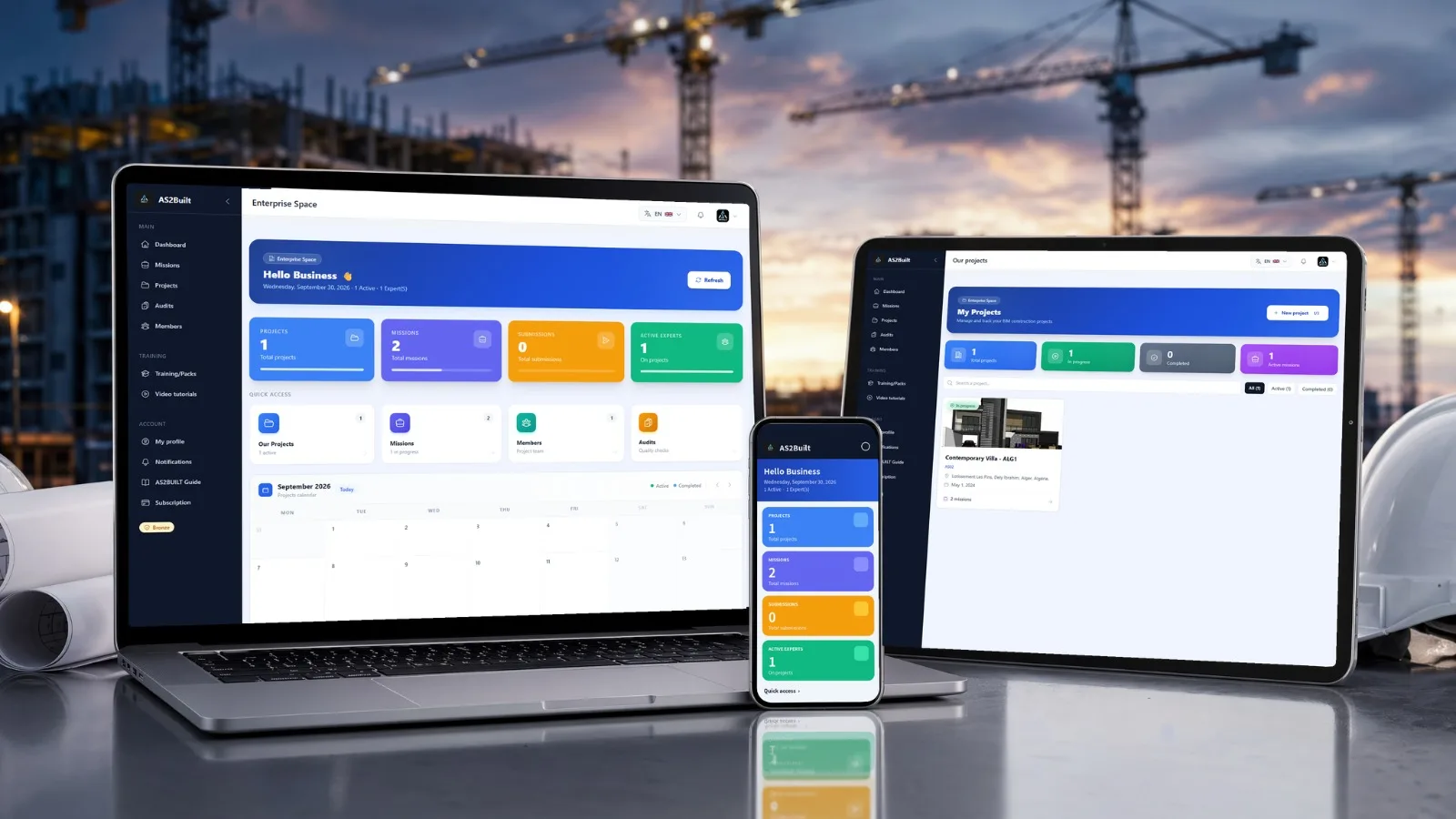 AS2BUILT platform shown on laptop, tablet and phone